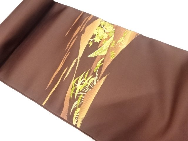 JAPANESE KIMONO / ANTIQUE BOLT FOR NAGOYA OBI / WOVEN AUTUMN LEAVES